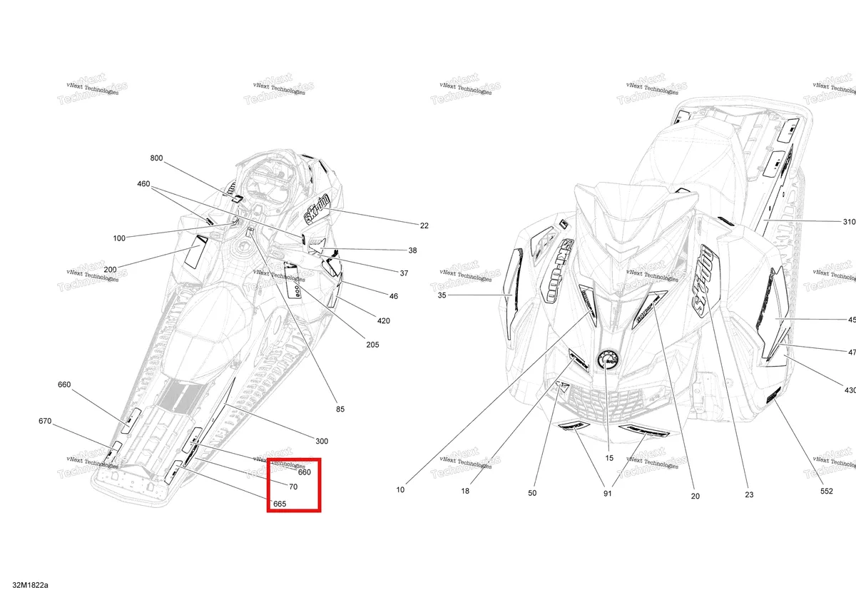 Деталь 516008078 на схеме узла 2018 Ski-Doo RENEGADE 600HO E-TEC Decals Renegade - 600Ho E-Tec - Package Adrenaline
