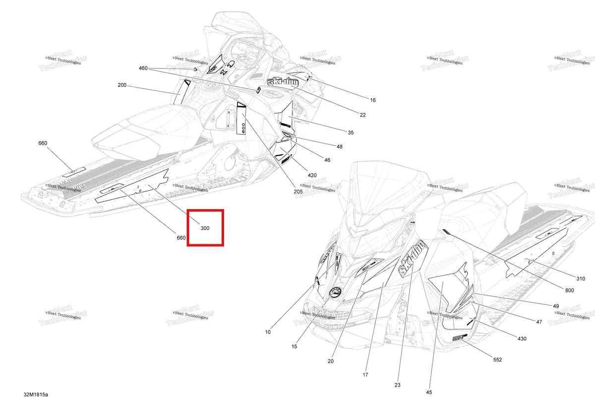 Деталь 516008120 на схеме узла 2018 Ski-Doo MXZ 600HO E-TEC Decals Mxz - 600Ho E-Tec - Package Tnt