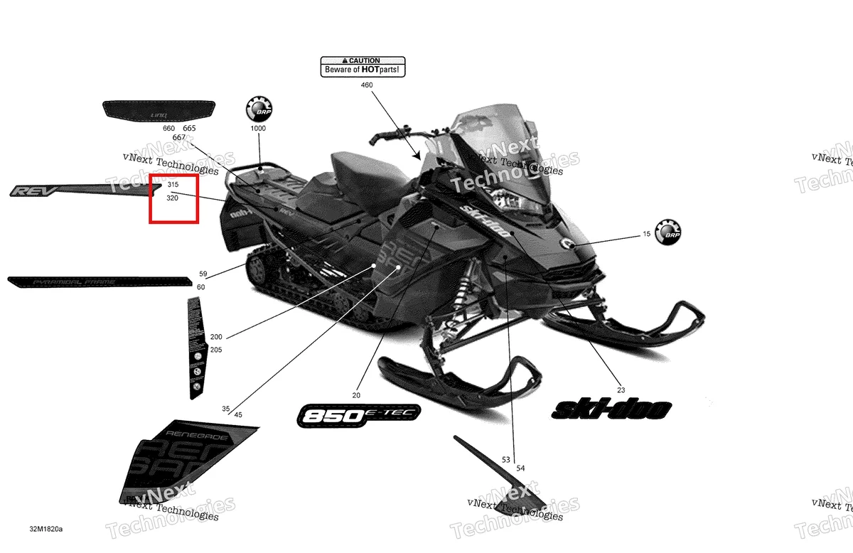 Деталь 516008132 на схеме узла 2018 Ski-Doo RENEGADE 850 E-TEC Decals Renegade - 850E-Tec - Package Adrenaline