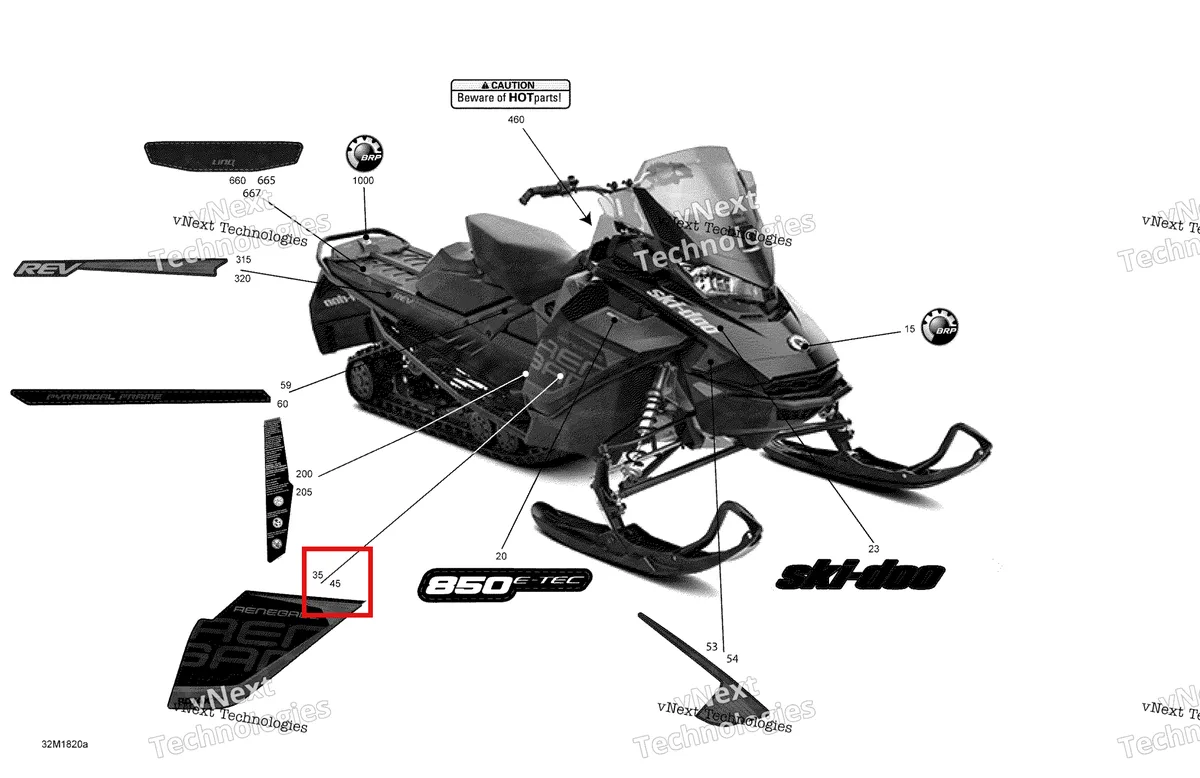 Деталь 516008134 на схеме узла 2018 Ski-Doo RENEGADE 850 E-TEC Decals Renegade - 850E-Tec - Package Adrenaline