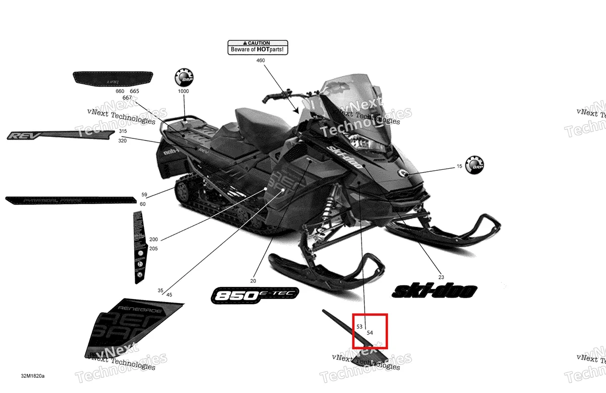 Деталь 516008136 на схеме узла 2018 Ski-Doo RENEGADE 850 E-TEC Decals Renegade - 850E-Tec - Package Adrenaline