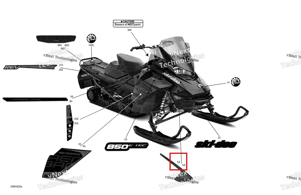 Деталь 516008137 на схеме узла 2018 Ski-Doo RENEGADE 850 E-TEC Decals Renegade - 850E-Tec - Package Adrenaline