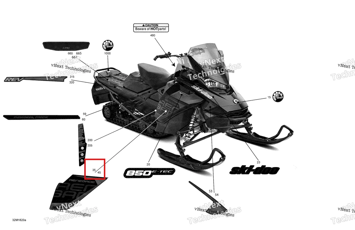 Деталь 516008143 на схеме узла 2018 Ski-Doo RENEGADE 850 E-TEC Decals Renegade - 850E-Tec - Package Adrenaline