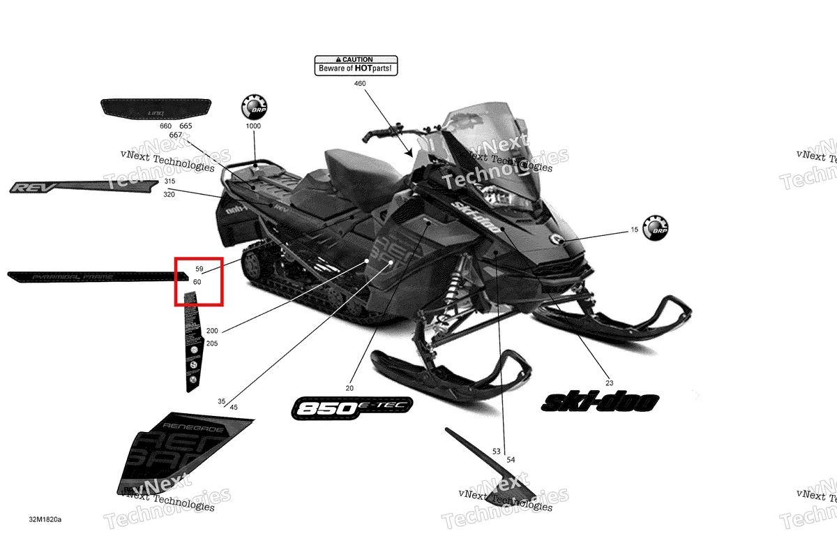 Деталь 516008221 на схеме узла 2018 Ski-Doo RENEGADE 850 E-TEC Decals Renegade - 850E-Tec - Package Adrenaline