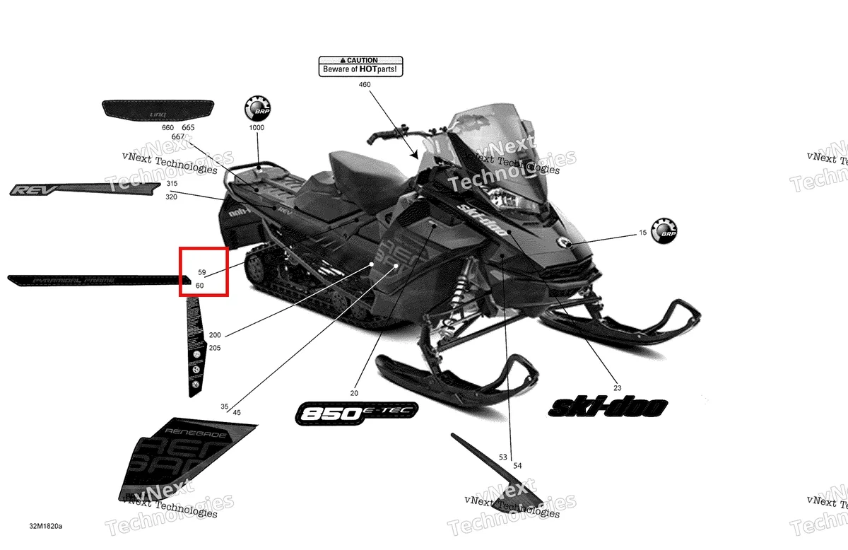 Деталь 516008222 на схеме узла 2018 Ski-Doo RENEGADE 850 E-TEC Decals Renegade - 850E-Tec - Package Adrenaline