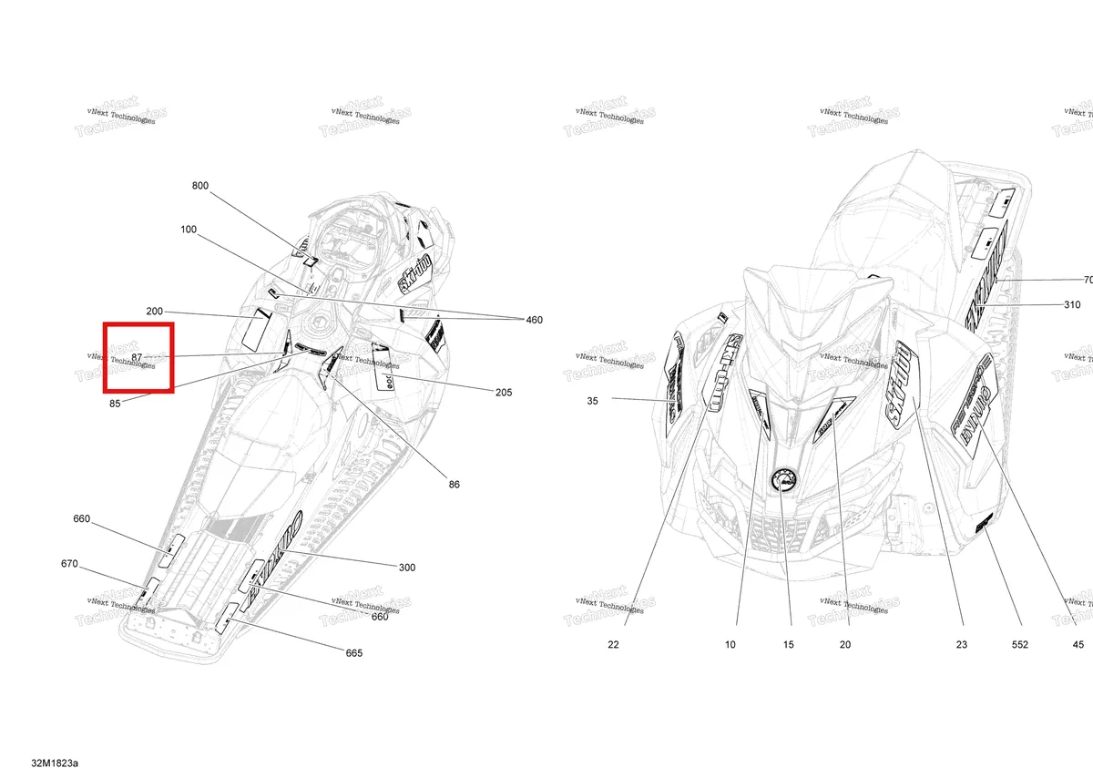 Деталь 516008265 на схеме узла 2018 Ski-Doo RENEGADE 600HO E-TEC Decals Renegade - 600Ho E-Tec - Package Enduro