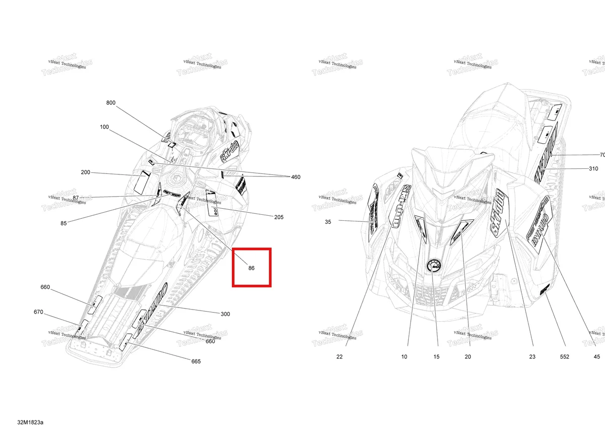 Деталь 516008266 на схеме узла 2018 Ski-Doo RENEGADE 600HO E-TEC Decals Renegade - 600Ho E-Tec - Package Enduro