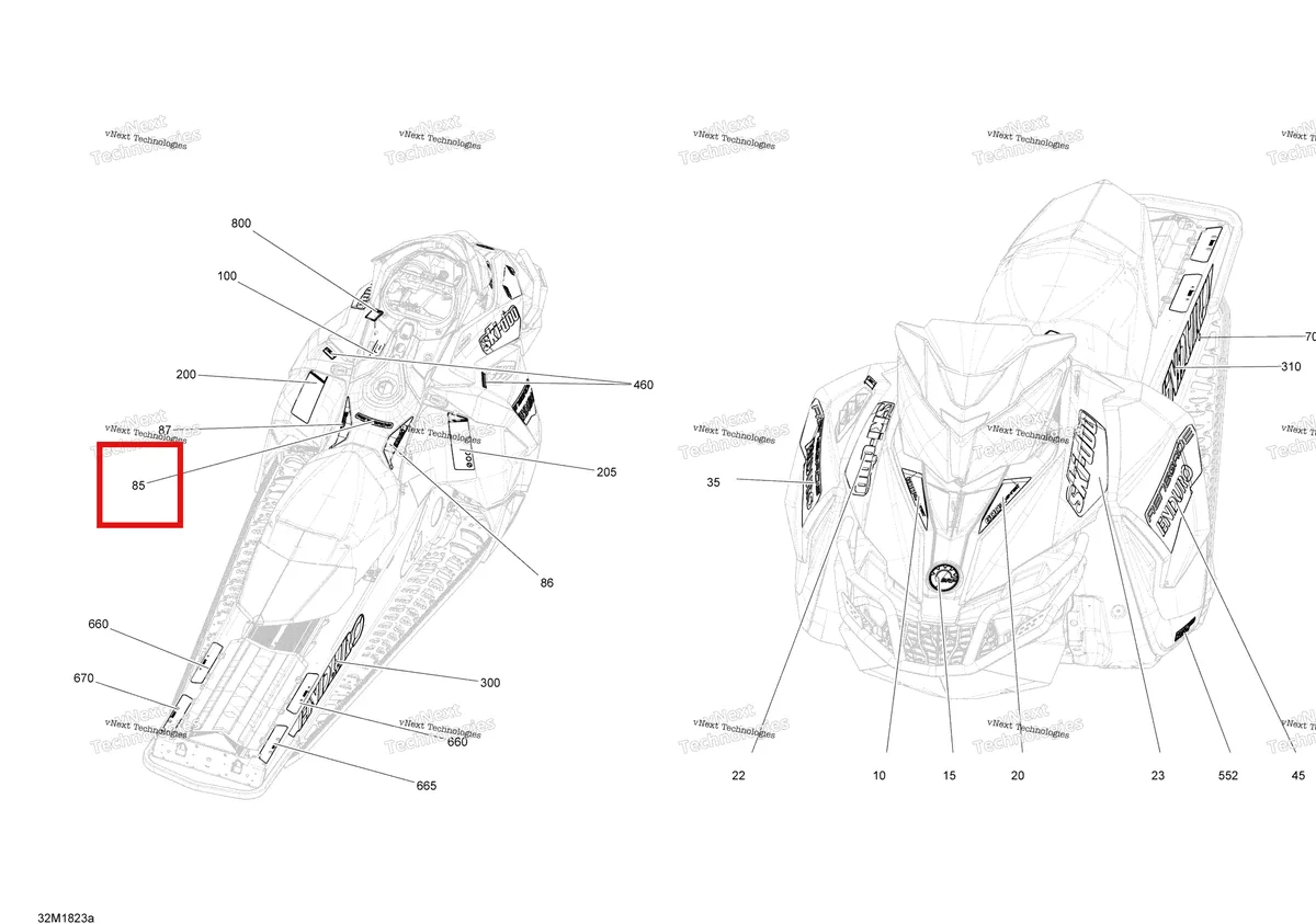 Деталь 516008267 на схеме узла 2018 Ski-Doo RENEGADE 600HO E-TEC Decals Renegade - 600Ho E-Tec - Package Enduro