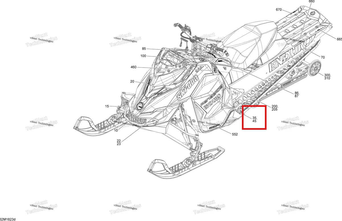Деталь 516008269 на схеме узла 2018 Ski-Doo RENEGADE 1200 4-TEC Decals Renegade - 1200 4-Tec - Package Enduro