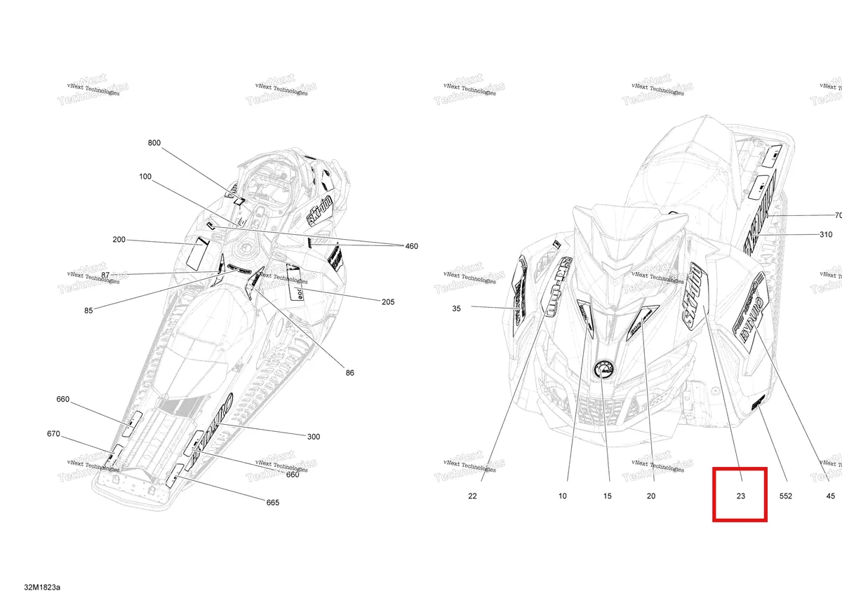 Деталь 516008270 на схеме узла 2018 Ski-Doo RENEGADE 600HO E-TEC Decals Renegade - 600Ho E-Tec - Package Enduro