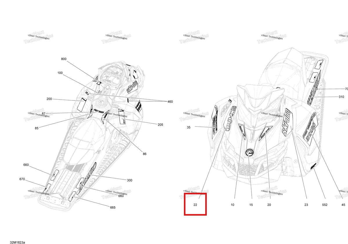 Деталь 516008271 на схеме узла 2018 Ski-Doo RENEGADE 600HO E-TEC Decals Renegade - 600Ho E-Tec - Package Enduro