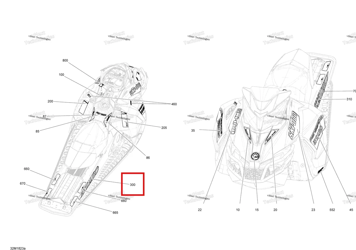 Деталь 516008284 на схеме узла 2018 Ski-Doo RENEGADE 600HO E-TEC Decals Renegade - 600Ho E-Tec - Package Enduro