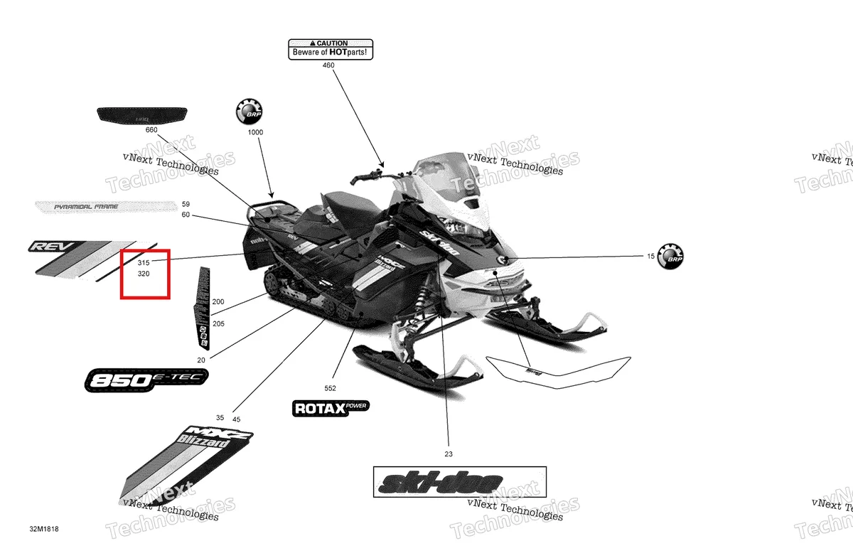 Деталь 516008287 на схеме узла 2018 Ski-Doo MXZ 850 E-TEC Decals Mxz - 850E-Tec - Package Blizzard