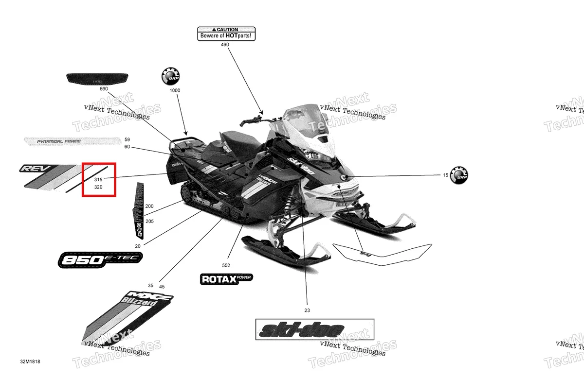 Деталь 516008288 на схеме узла 2018 Ski-Doo MXZ 850 E-TEC Decals Mxz - 850E-Tec - Package Blizzard