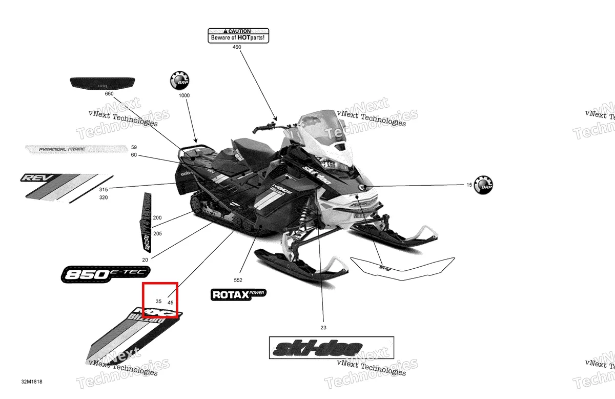 Деталь 516008290 на схеме узла 2018 Ski-Doo MXZ 850 E-TEC Decals Mxz - 850E-Tec - Package Blizzard