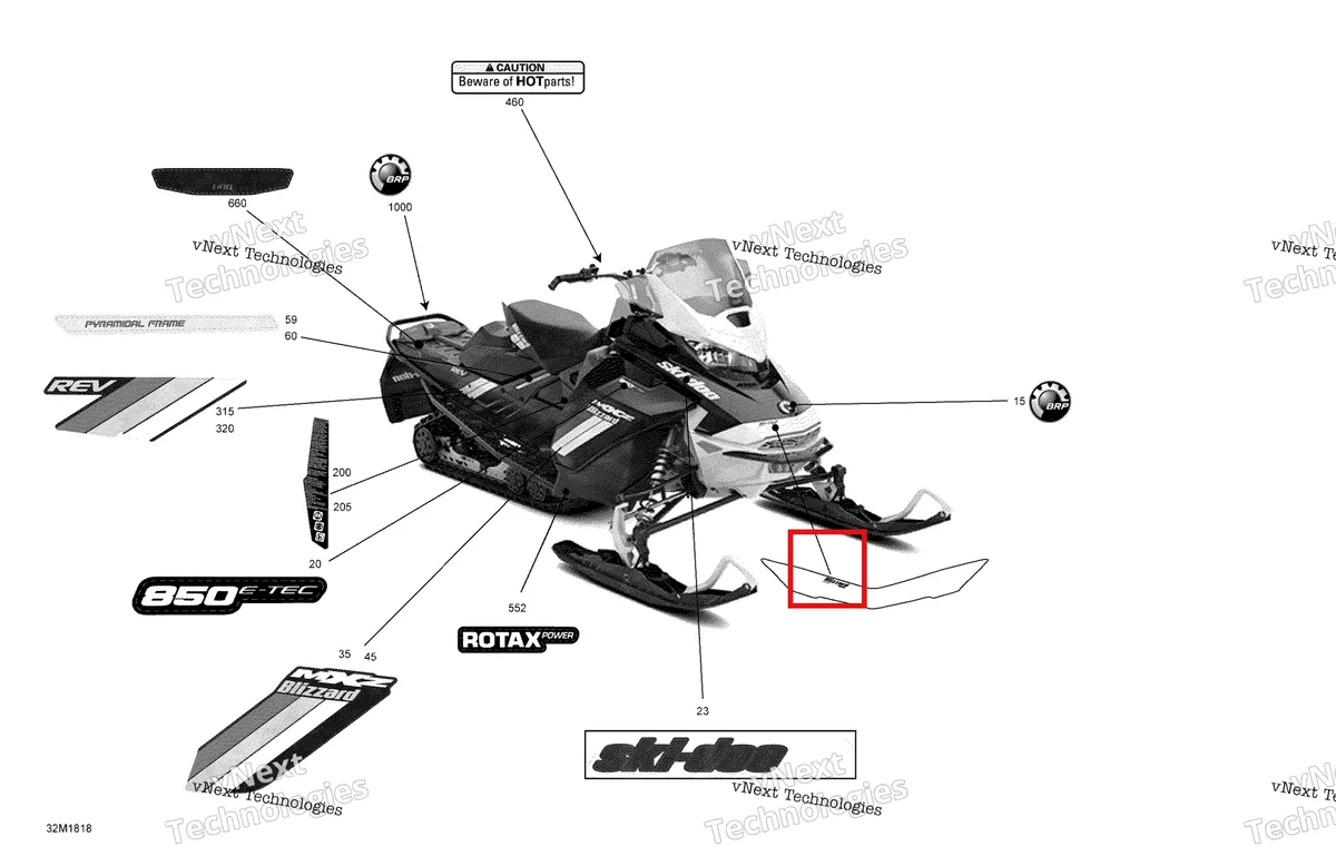 Деталь 516008291 на схеме узла 2018 Ski-Doo MXZ 850 E-TEC Decals Mxz - 850E-Tec - Package Blizzard