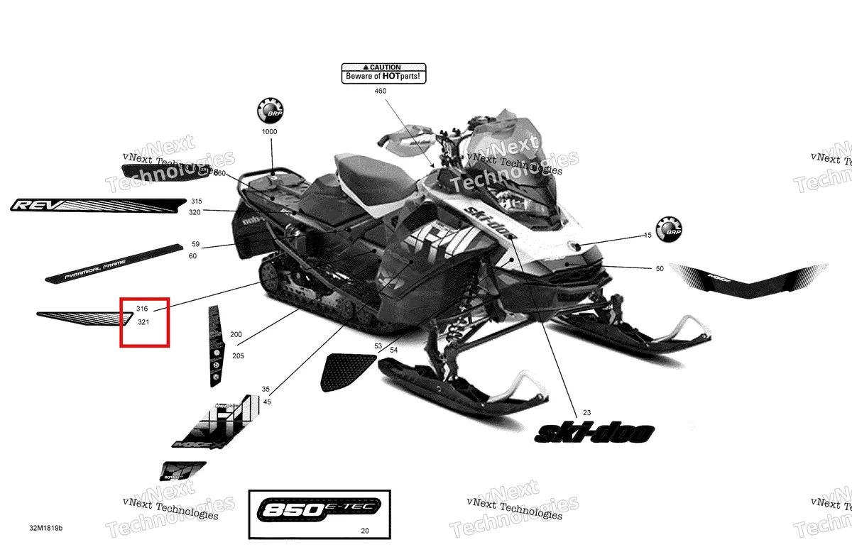 Деталь 516008296 на схеме узла 2018 Ski-Doo MXZ 850 E-TEC Decals Mxz - 850E-Tec - Package X