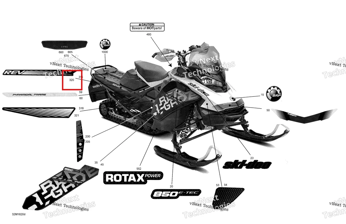 Деталь 516008307 на схеме узла 2018 Ski-Doo RENEGADE 850 E-TEC Decals Renegade - 850E-Tec - Package X