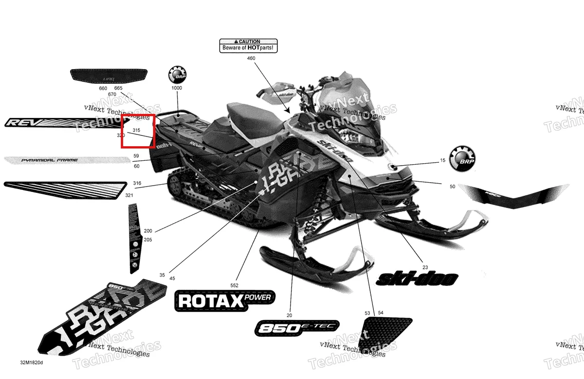 Деталь 516008308 на схеме узла 2018 Ski-Doo RENEGADE 850 E-TEC Decals Renegade - 850E-Tec - Package X