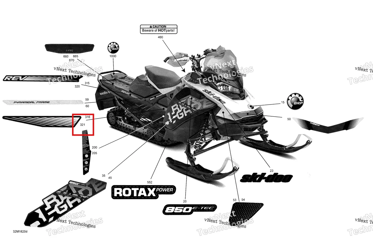 Деталь 516008309 на схеме узла 2018 Ski-Doo RENEGADE 850 E-TEC Decals Renegade - 850E-Tec - Package X