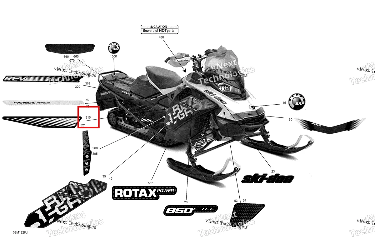 Деталь 516008310 на схеме узла 2018 Ski-Doo RENEGADE 850 E-TEC Decals Renegade - 850E-Tec - Package X