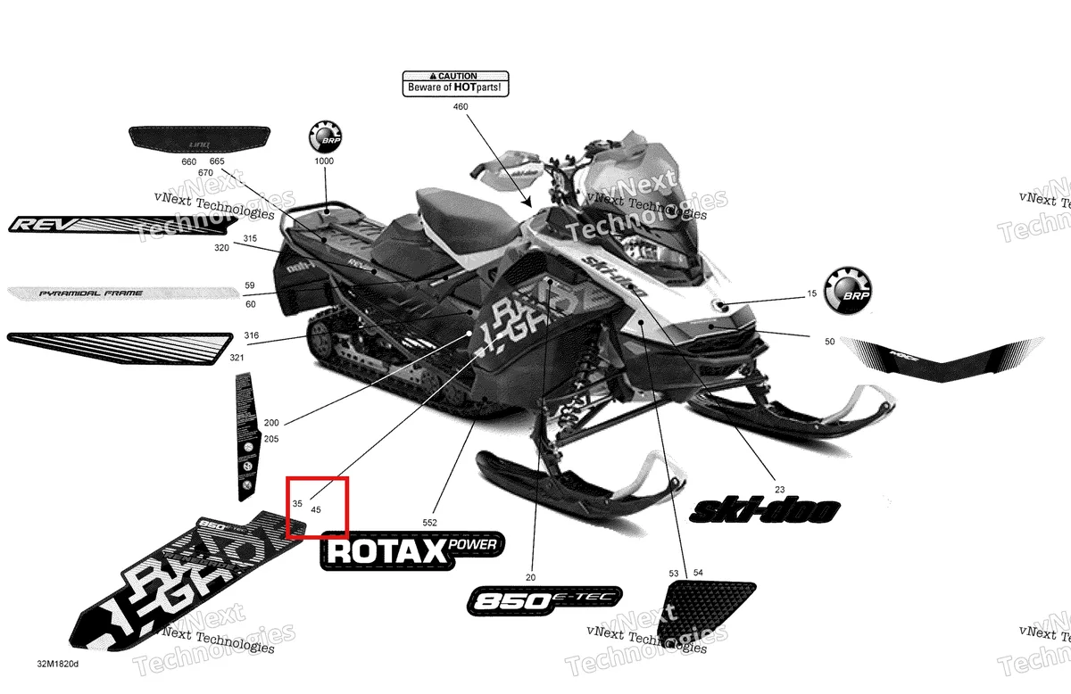 Деталь 516008313 на схеме узла 2018 Ski-Doo RENEGADE 850 E-TEC Decals Renegade - 850E-Tec - Package X