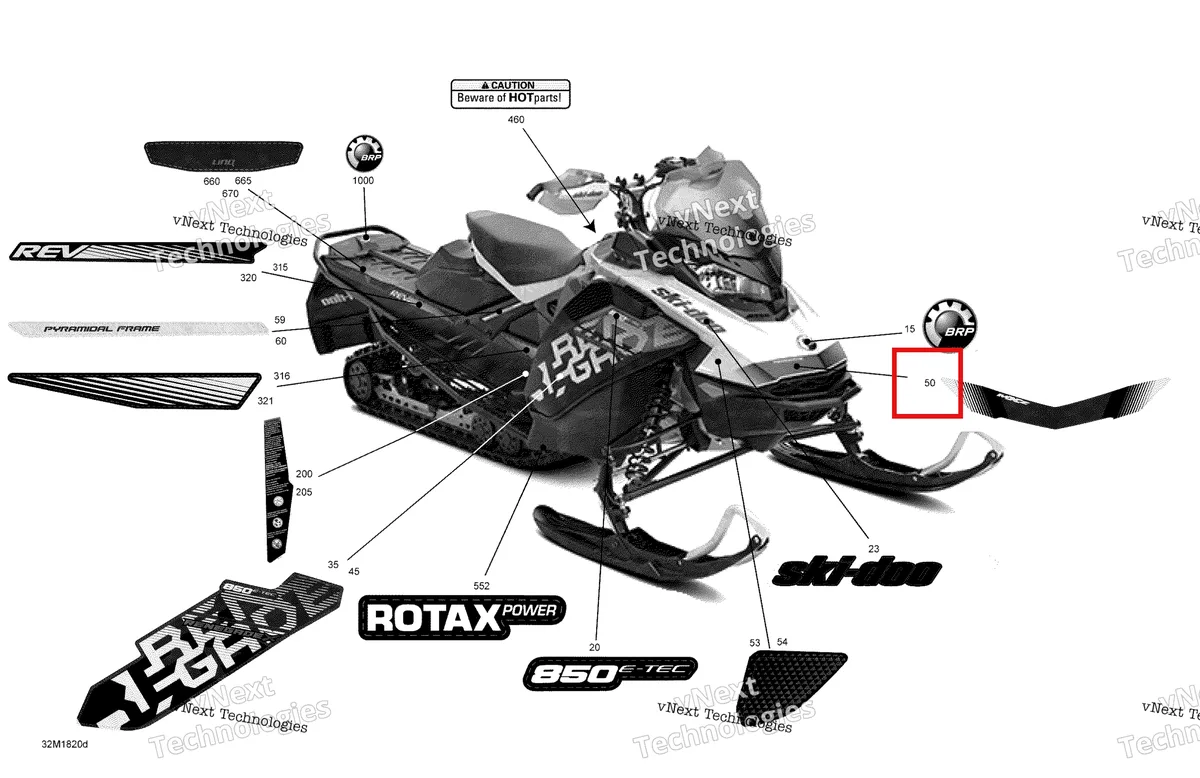 Деталь 516008317 на схеме узла 2018 Ski-Doo RENEGADE 850 E-TEC Decals Renegade - 850E-Tec - Package X