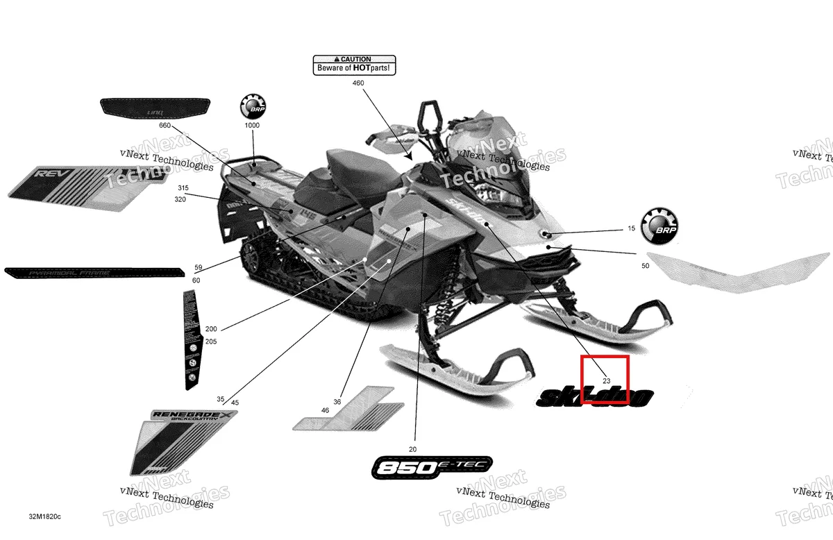 Деталь 516008329 на схеме узла 2018 Ski-Doo RENEGADE 850 E-TEC Decals Renegade - 850E-Tec - Package Backcountry X