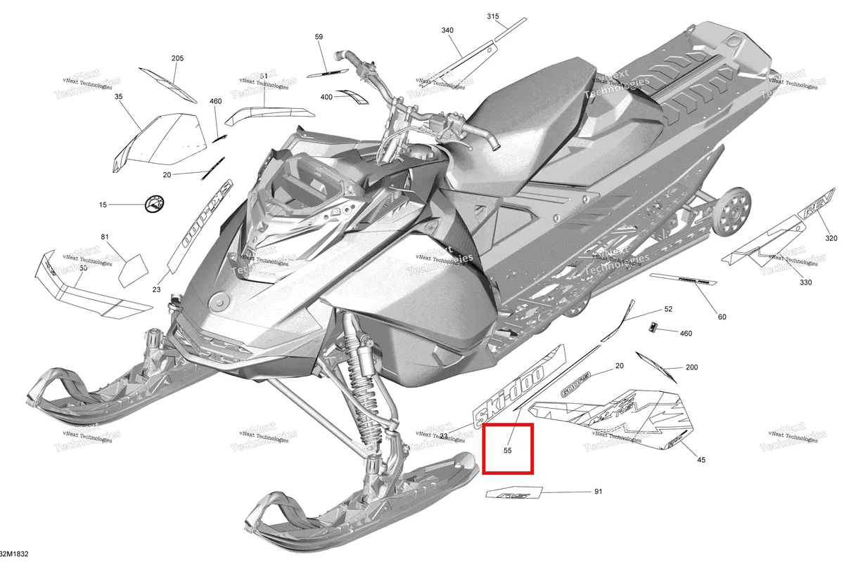 Деталь 516008368 на схеме узла 2018 Ski-Doo MXZ 600RS - Racing Decals Mxz 600 Rs