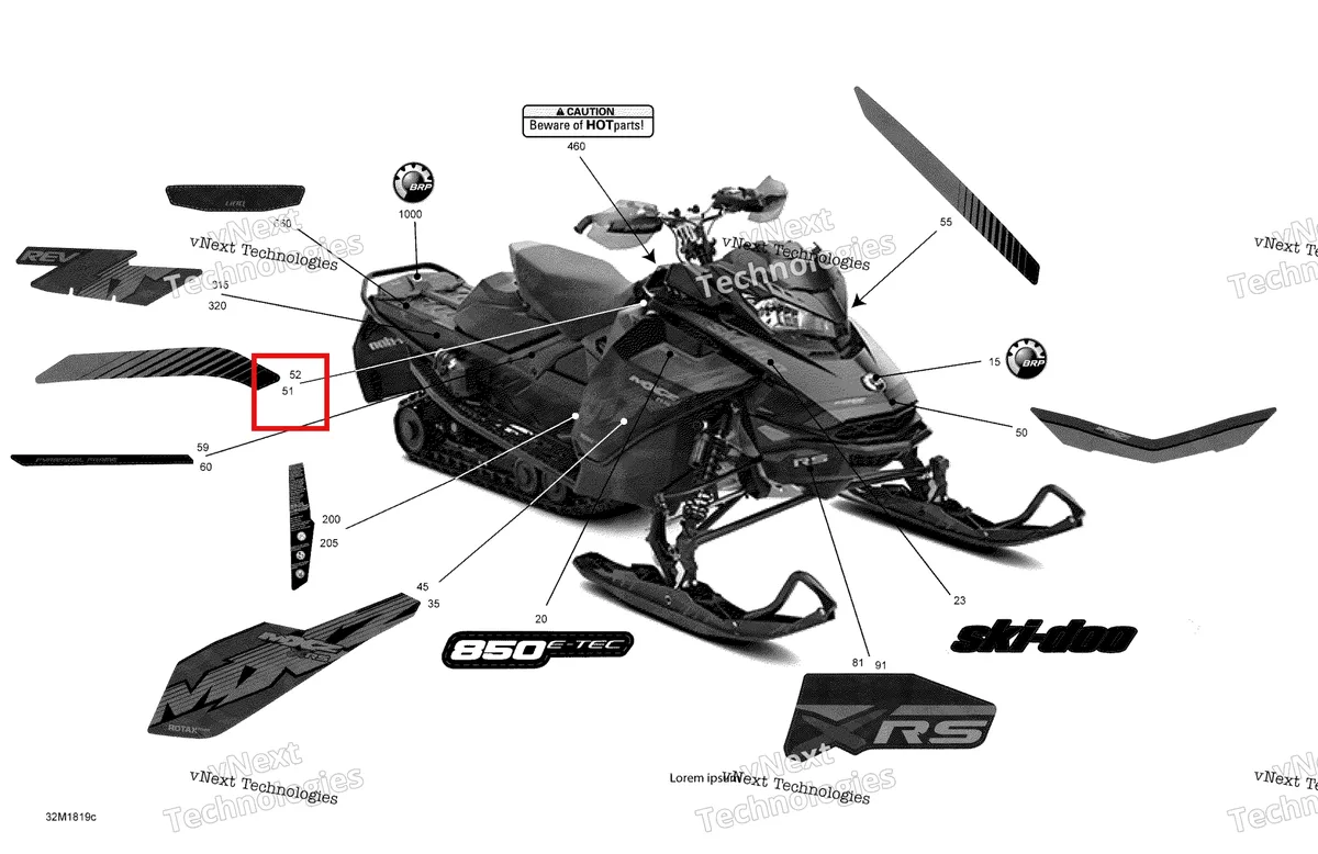 Деталь 516008381 на схеме узла 2018 Ski-Doo MXZ 850 E-TEC Decals Mxz - 850E-Tec - Package Xrs