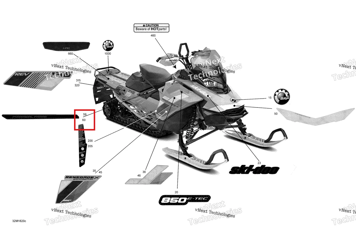 Деталь 516008385 на схеме узла 2018 Ski-Doo RENEGADE 850 E-TEC Decals Renegade - 850E-Tec - Package Backcountry X