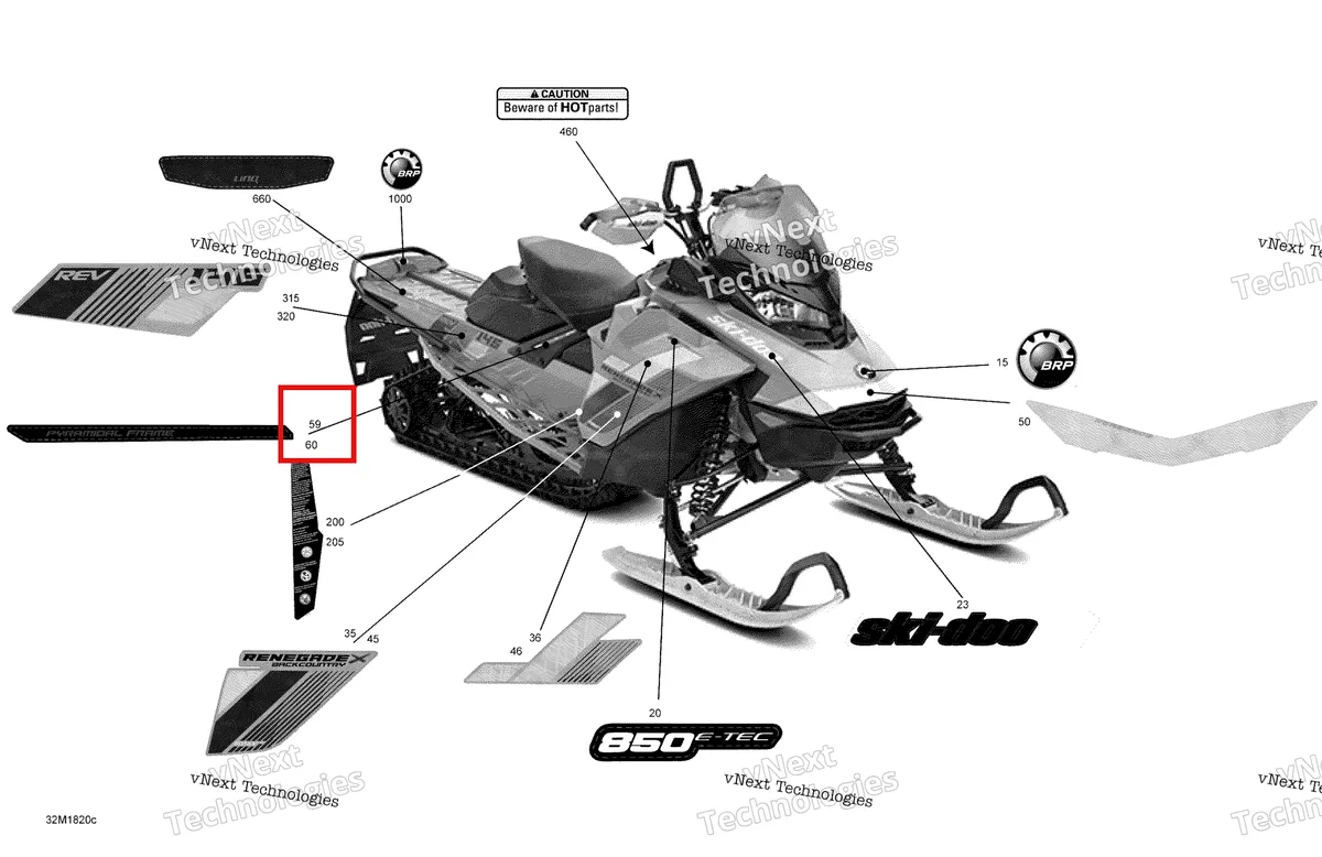Деталь 516008386 на схеме узла 2018 Ski-Doo RENEGADE 850 E-TEC Decals Renegade - 850E-Tec - Package Backcountry X