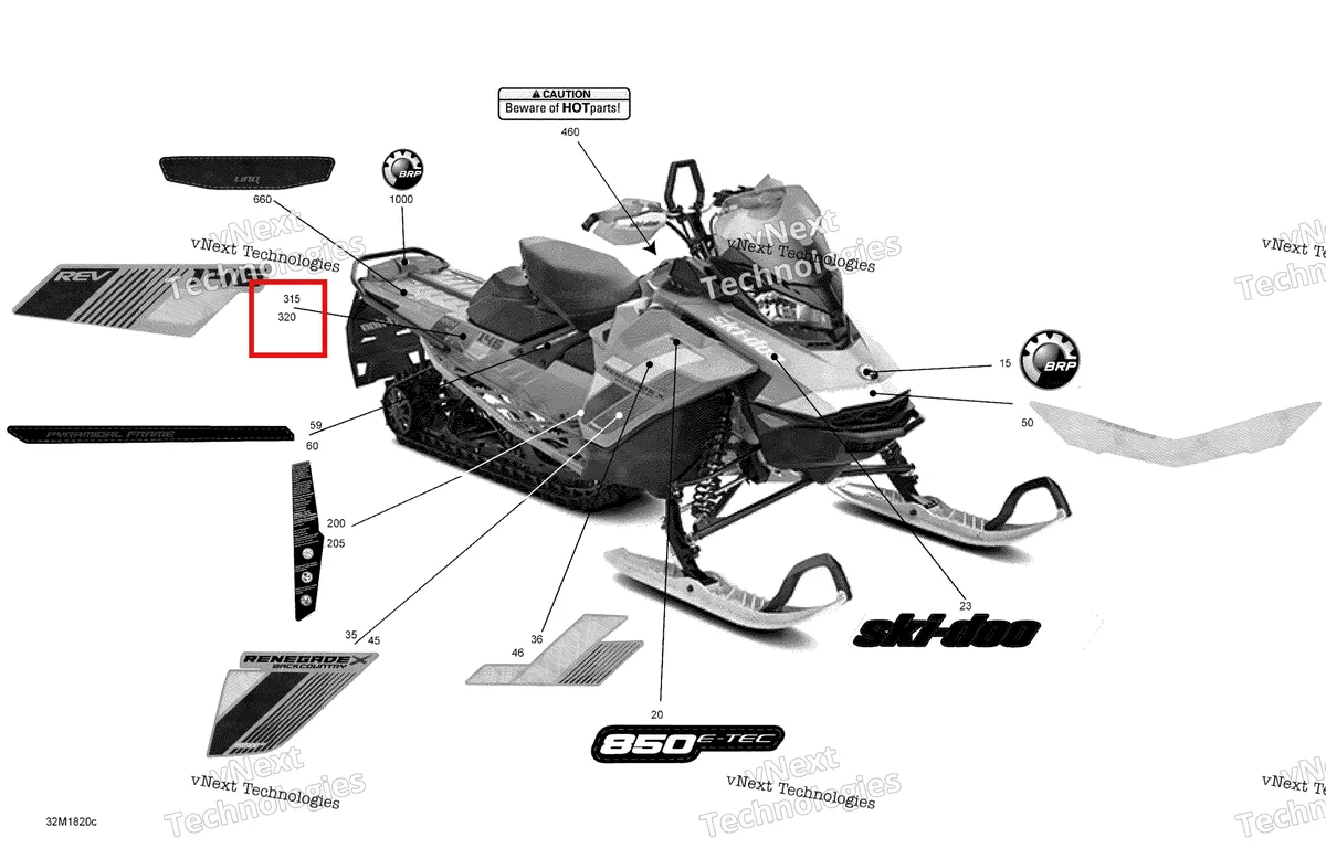 Деталь 516008394 на схеме узла 2018 Ski-Doo RENEGADE 850 E-TEC Decals Renegade - 850E-Tec - Package Backcountry X