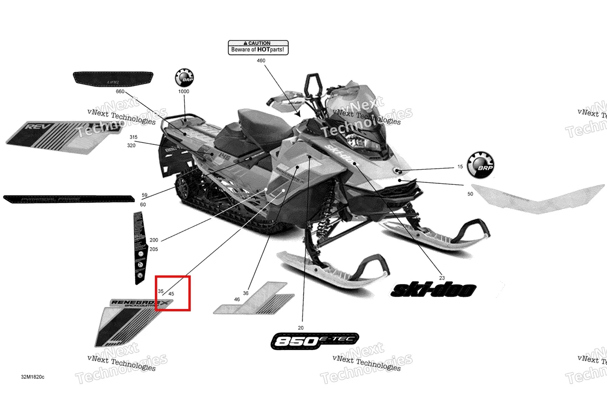Деталь 516008396 на схеме узла 2018 Ski-Doo RENEGADE 850 E-TEC Decals Renegade - 850E-Tec - Package Backcountry X