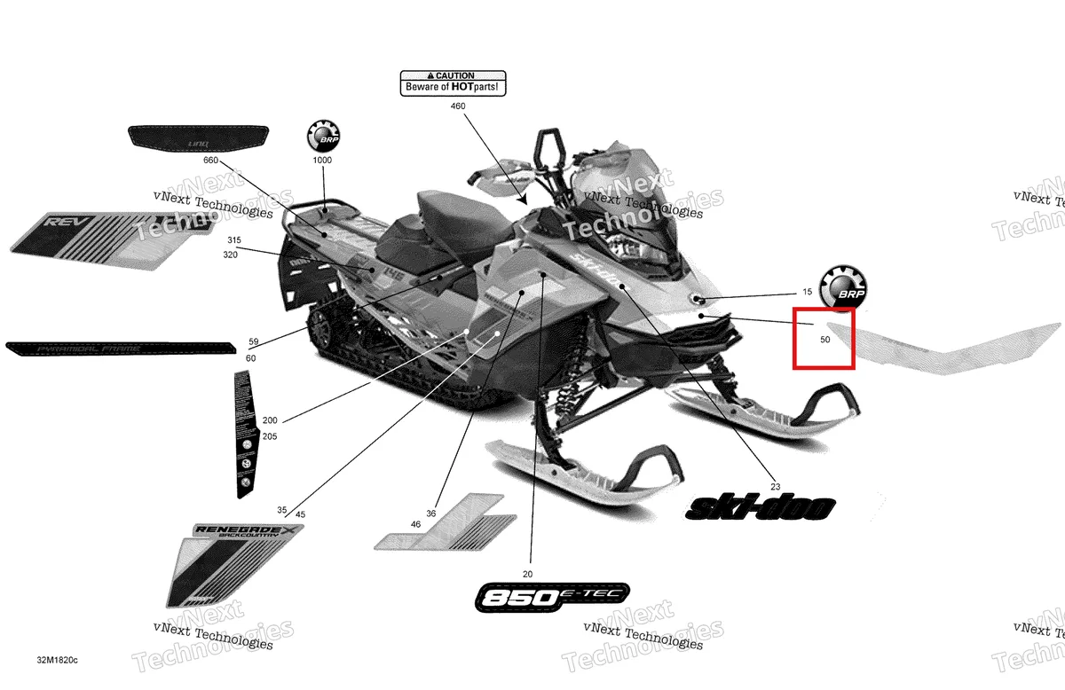 Деталь 516008398 на схеме узла 2018 Ski-Doo RENEGADE 850 E-TEC Decals Renegade - 850E-Tec - Package Backcountry X