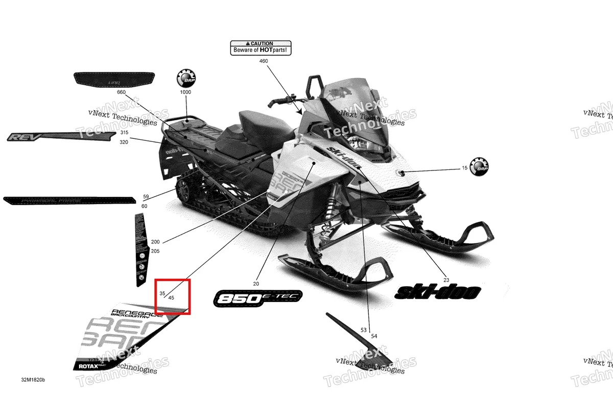 Деталь 516008402 на схеме узла 2018 Ski-Doo RENEGADE 850 E-TEC Decals Renegade - 850E-Tec - Package Backcountry
