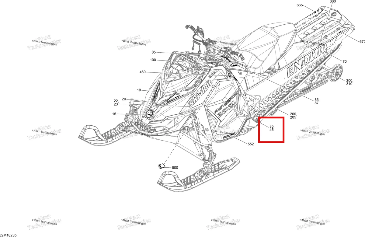 Деталь 516008409 на схеме узла 2018 Ski-Doo RENEGADE 800R E-TEC Decals Renegade - 800R E-Tec - Package Enduro