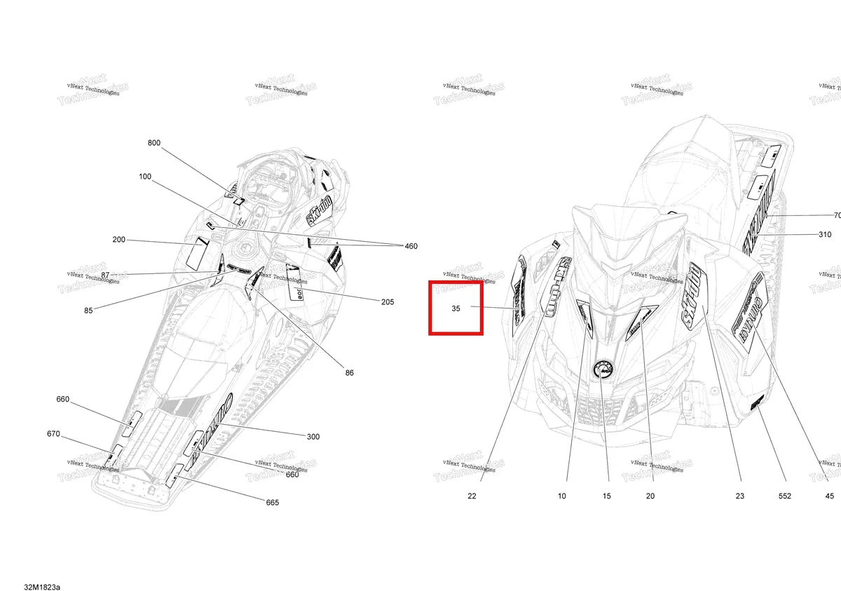 Деталь 516008410 на схеме узла 2018 Ski-Doo RENEGADE 600HO E-TEC Decals Renegade - 600Ho E-Tec - Package Enduro