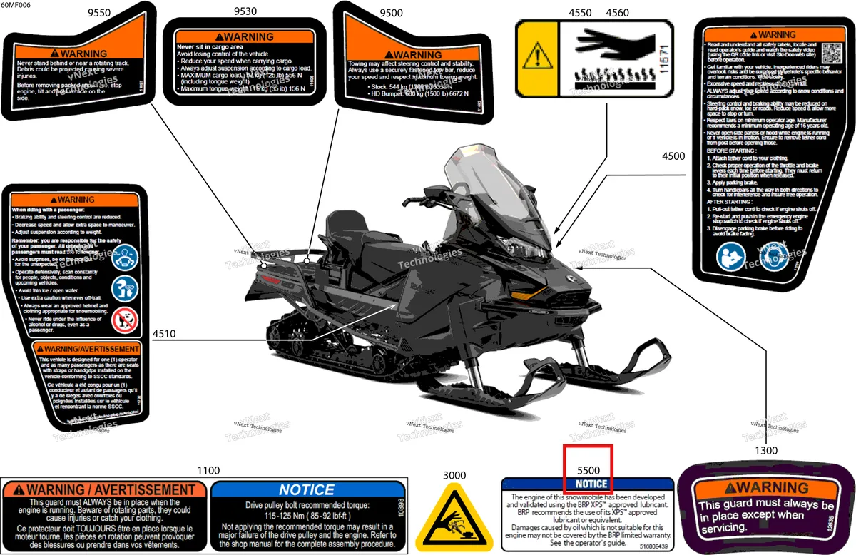 Деталь 516008439 на схеме узла 2026 Ski-Doo SKANDIC - LE - 600 EFI - ATTB - Deep Black - 20X154X1.5CST Track Body - Warning Decals