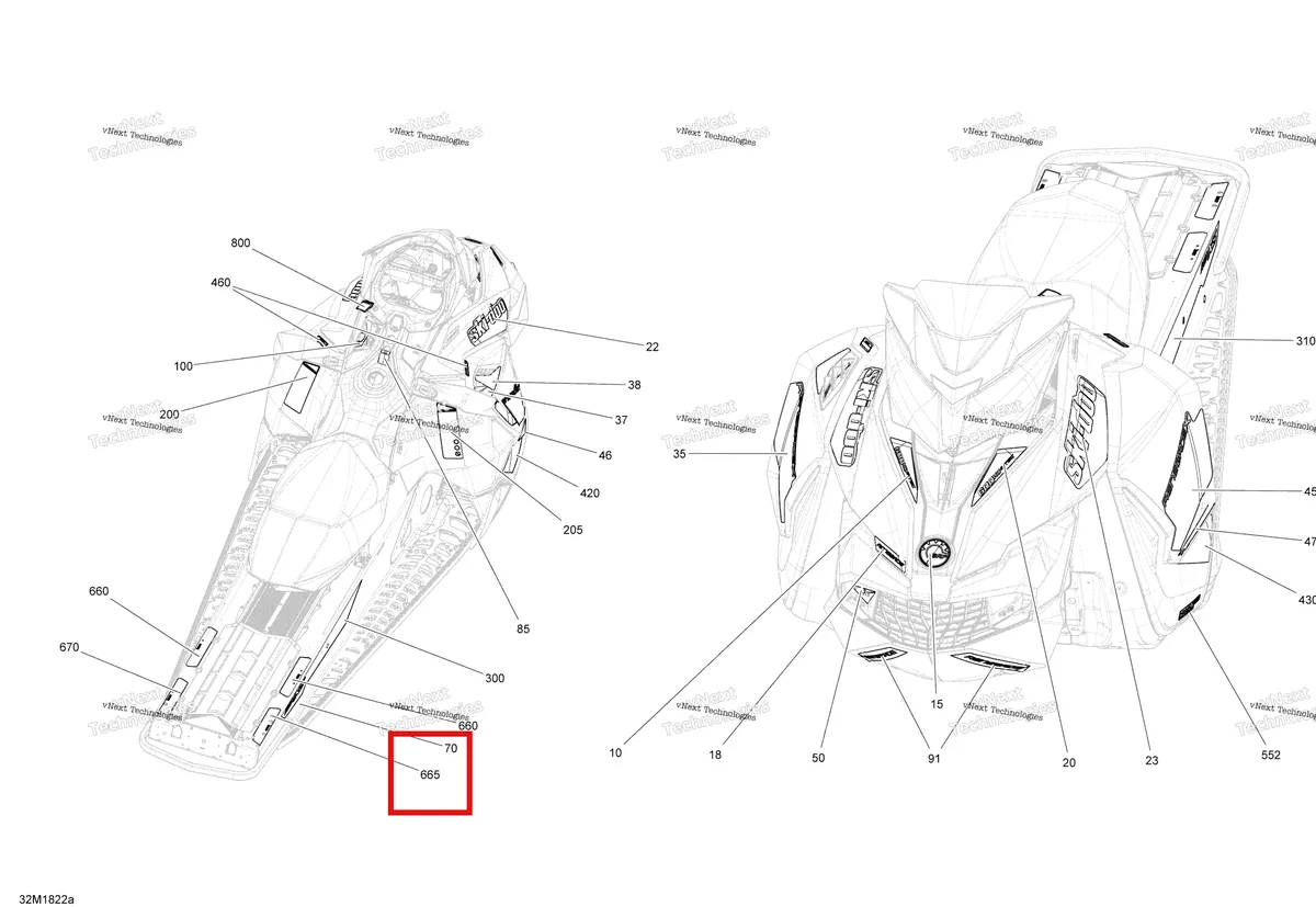 Деталь 516008571 на схеме узла 2018 Ski-Doo RENEGADE 600HO E-TEC Decals Renegade - 600Ho E-Tec - Package Adrenaline