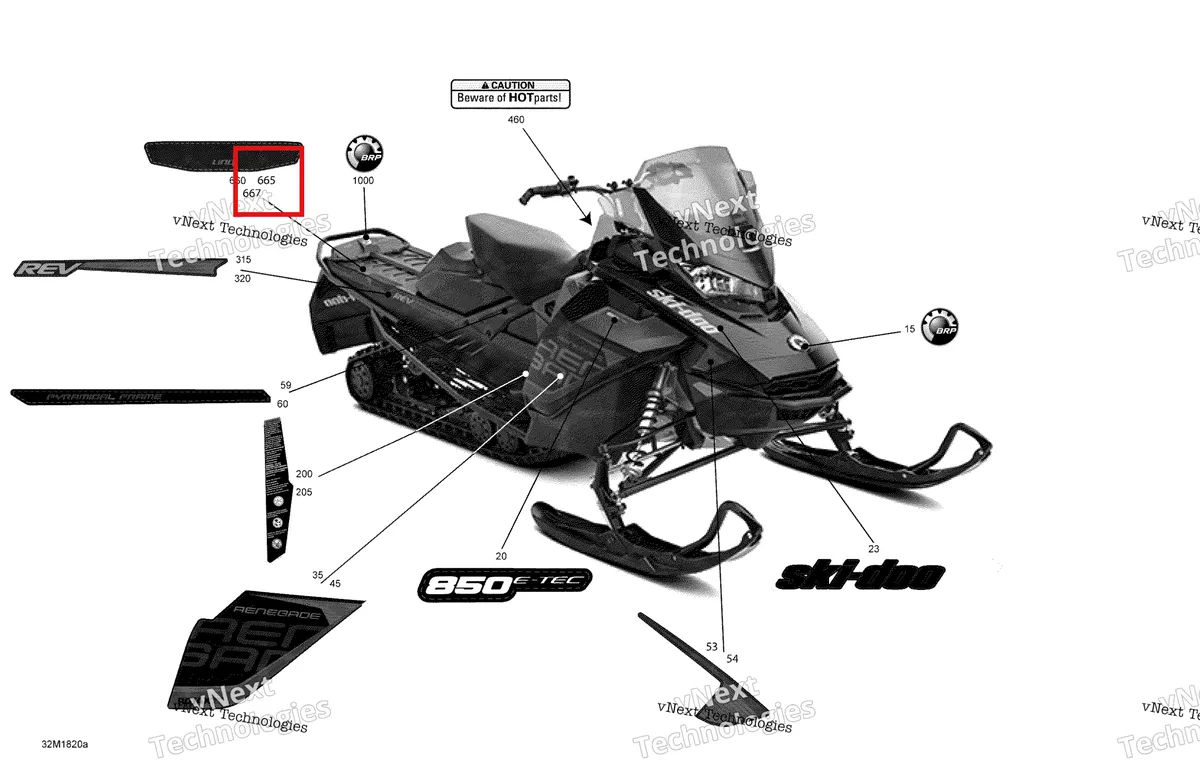 Деталь 516008591 на схеме узла 2018 Ski-Doo RENEGADE 850 E-TEC Decals Renegade - 850E-Tec - Package Adrenaline