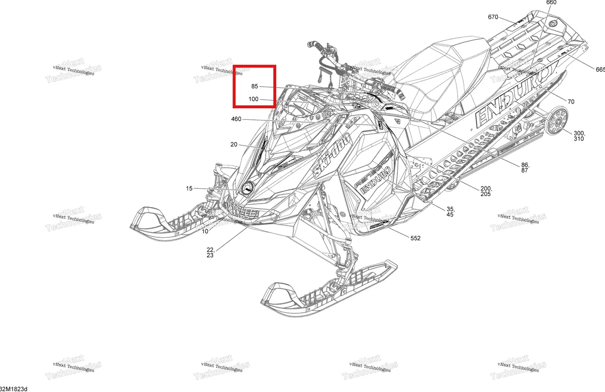 Деталь 516008596 на схеме узла 2018 Ski-Doo RENEGADE 1200 4-TEC Decals Renegade - 1200 4-Tec - Package Enduro