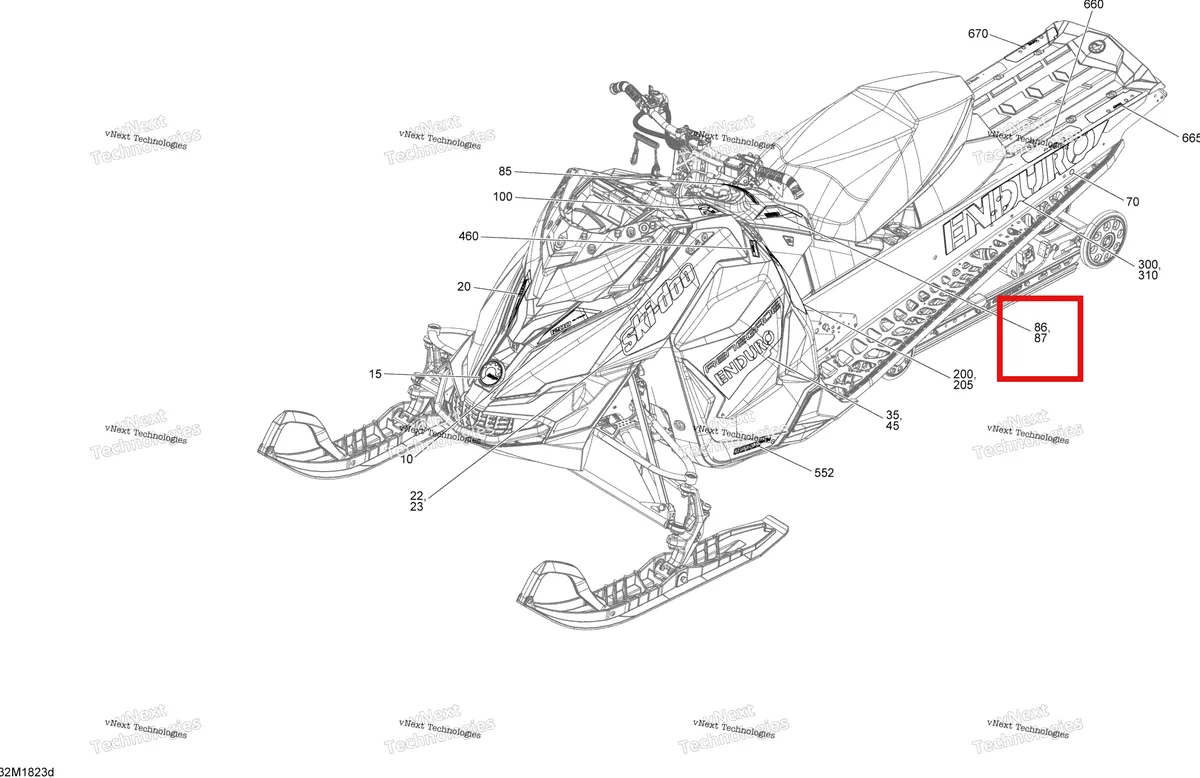 Деталь 516008597 на схеме узла 2018 Ski-Doo RENEGADE 1200 4-TEC Decals Renegade - 1200 4-Tec - Package Enduro
