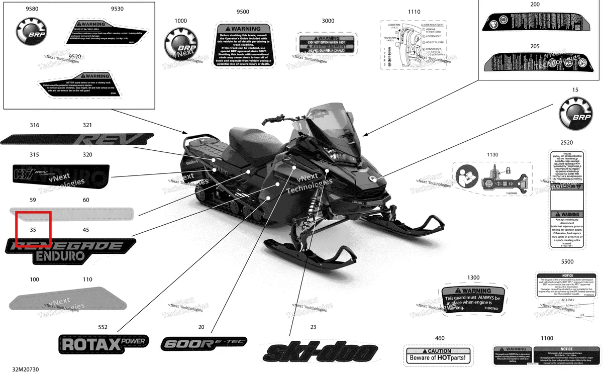 Деталь 516008622 на схеме узла 2020 Ski-Doo RENEGADE 600R E-TEC - Enduro Body - Decals - Enduro