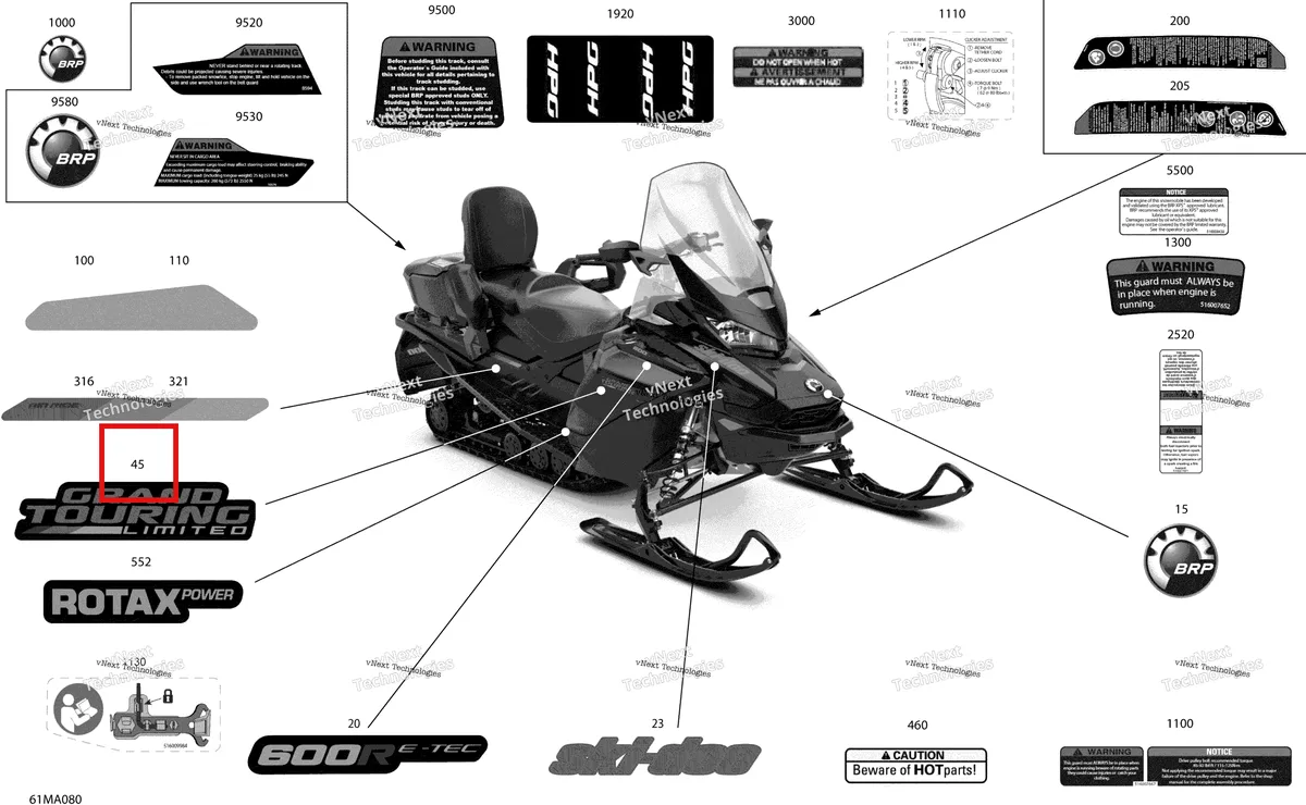 Деталь 516008629 на схеме узла 2021 Ski-Doo GRAND TOURING 600R E-TEC Body - Decals