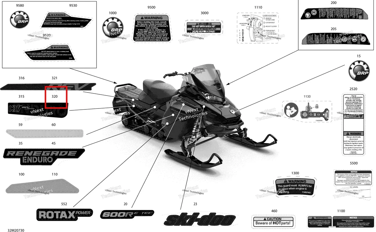 Деталь 516008667 на схеме узла 2020 Ski-Doo RENEGADE 600R E-TEC - Enduro Body - Decals - Enduro