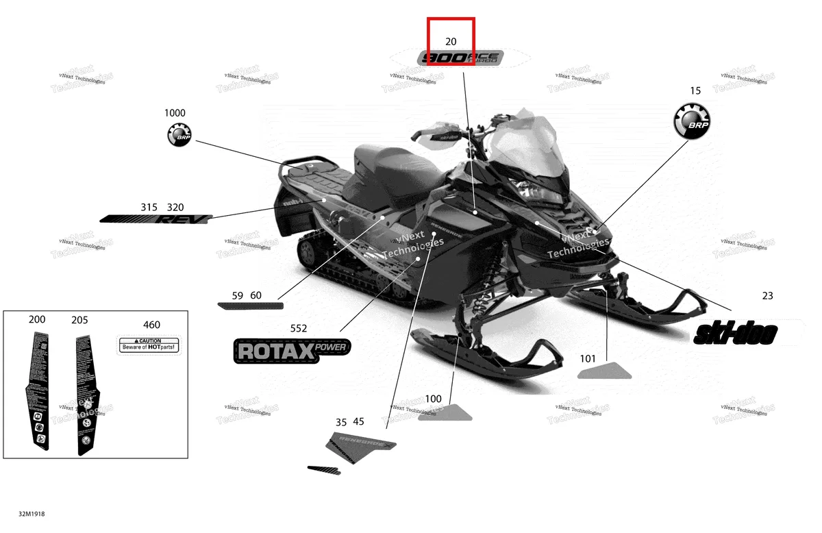 Деталь 516008677 на схеме узла 2019 Ski-Doo RENEGADE 900 ACE TURBO Decals - 900 Ace Turbo - Package X