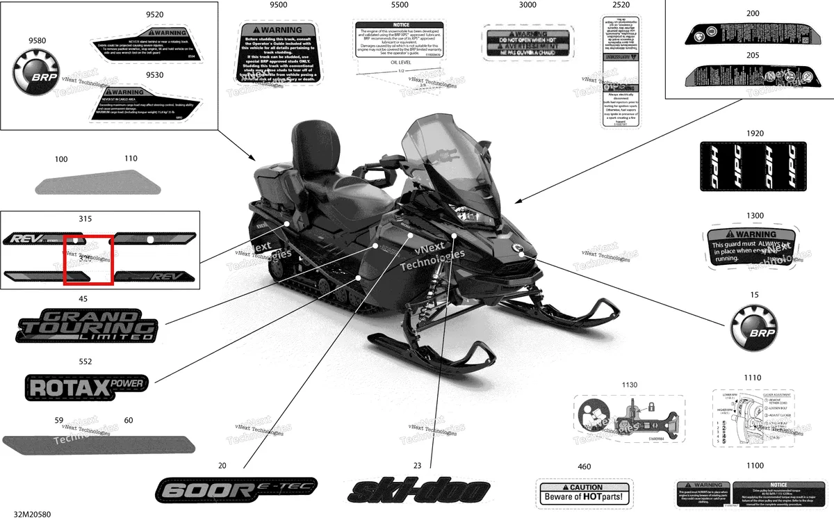 Деталь 516008718 на схеме узла 2020 Ski-Doo GRAND TOURING 600R E-TEC Body - Decals - Ltd