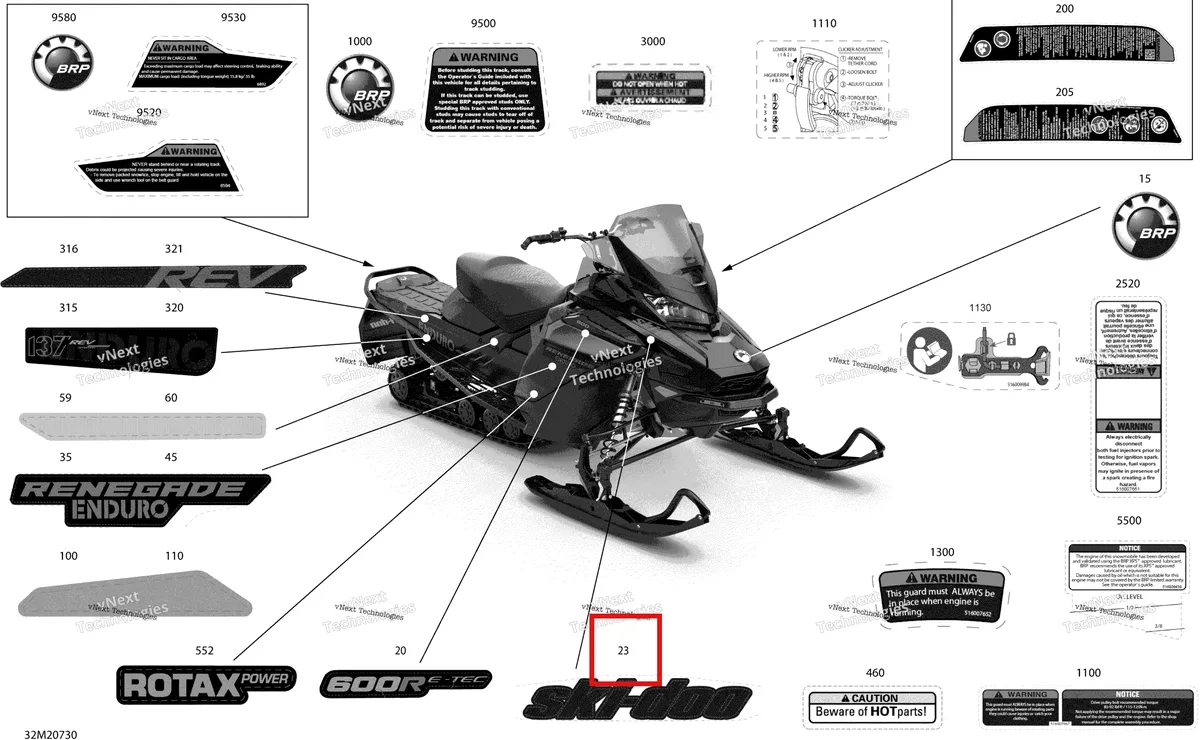 Деталь 516008799 на схеме узла 2020 Ski-Doo RENEGADE 600R E-TEC - Enduro Body - Decals - Enduro