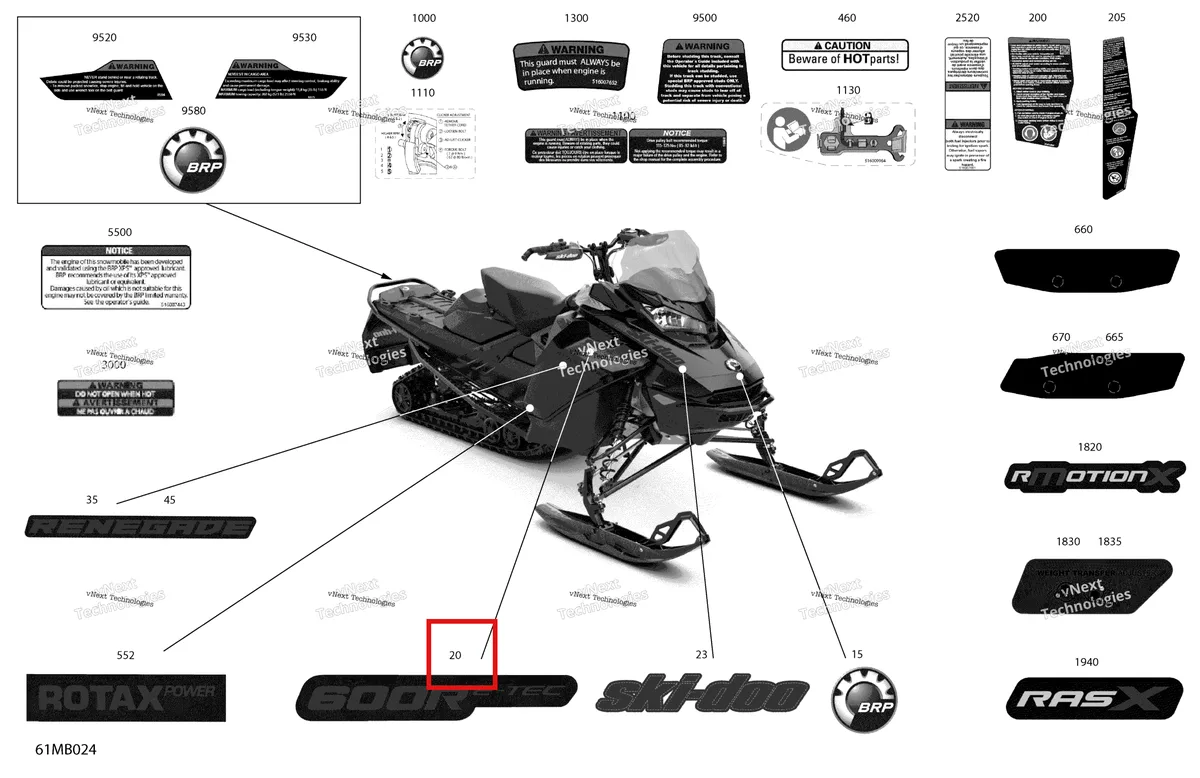 Деталь 516008811 на схеме узла 2022 Ski-Doo RENEGADE 600R E-TEC - Adrenaline Body - Decals